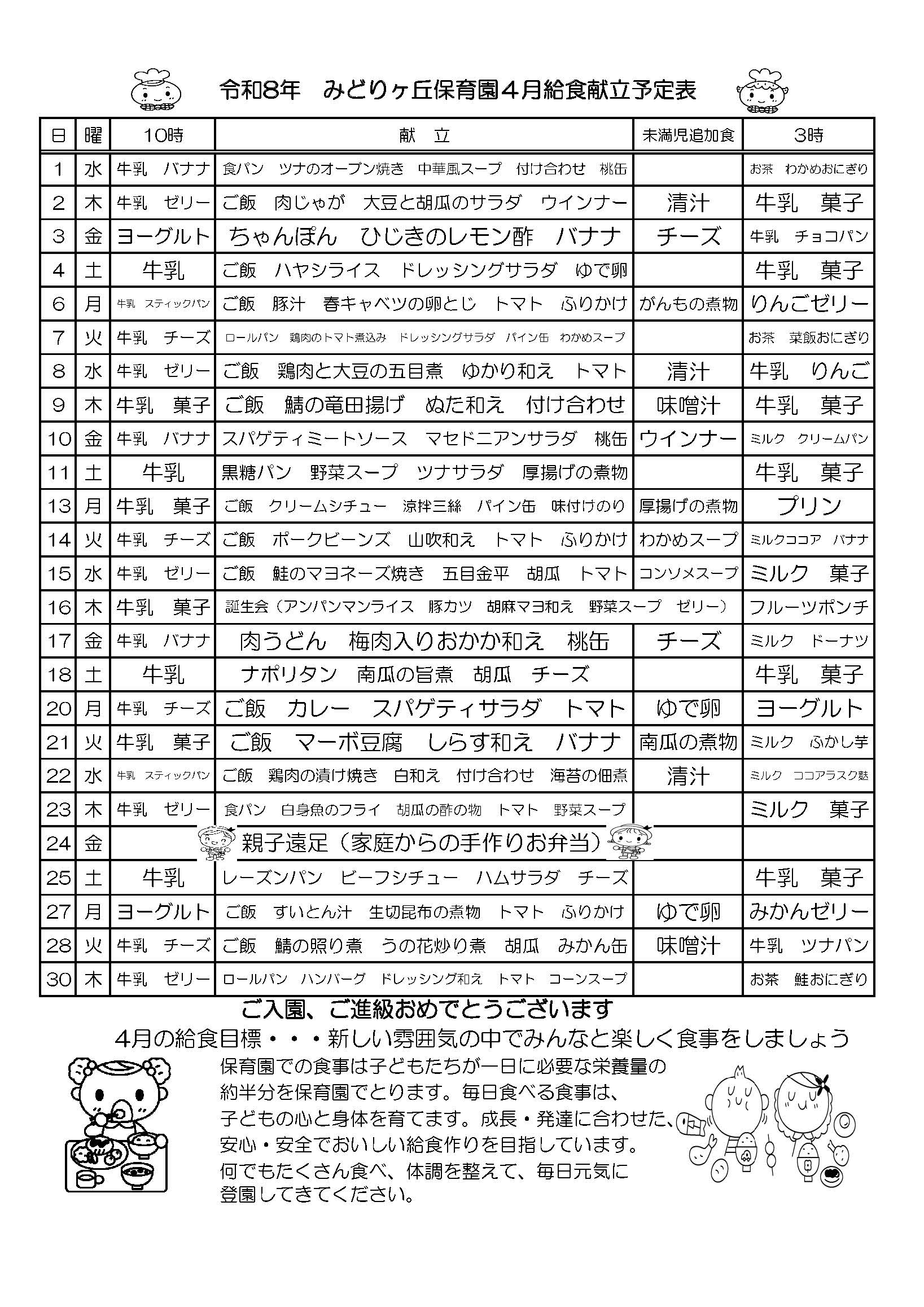 4月の給食献立予定表
