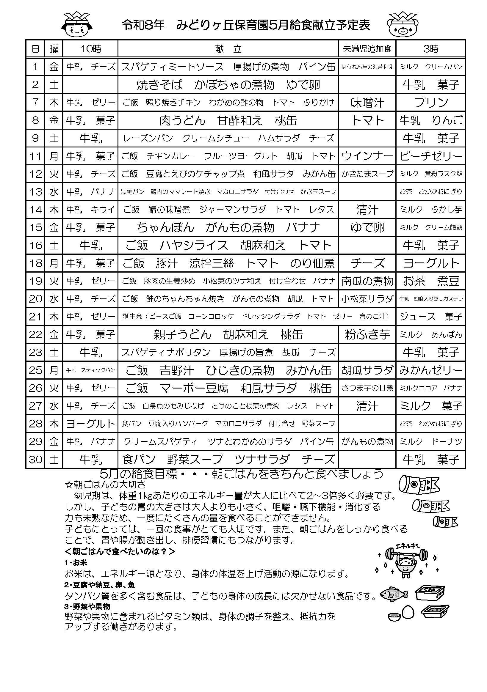 5月の給食献立予定表